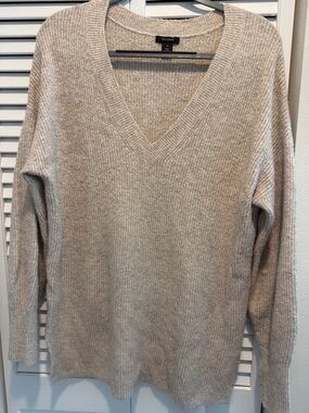 Halogen Neutral V-Neck Oversized Ribbed Sweater - Beige Medium